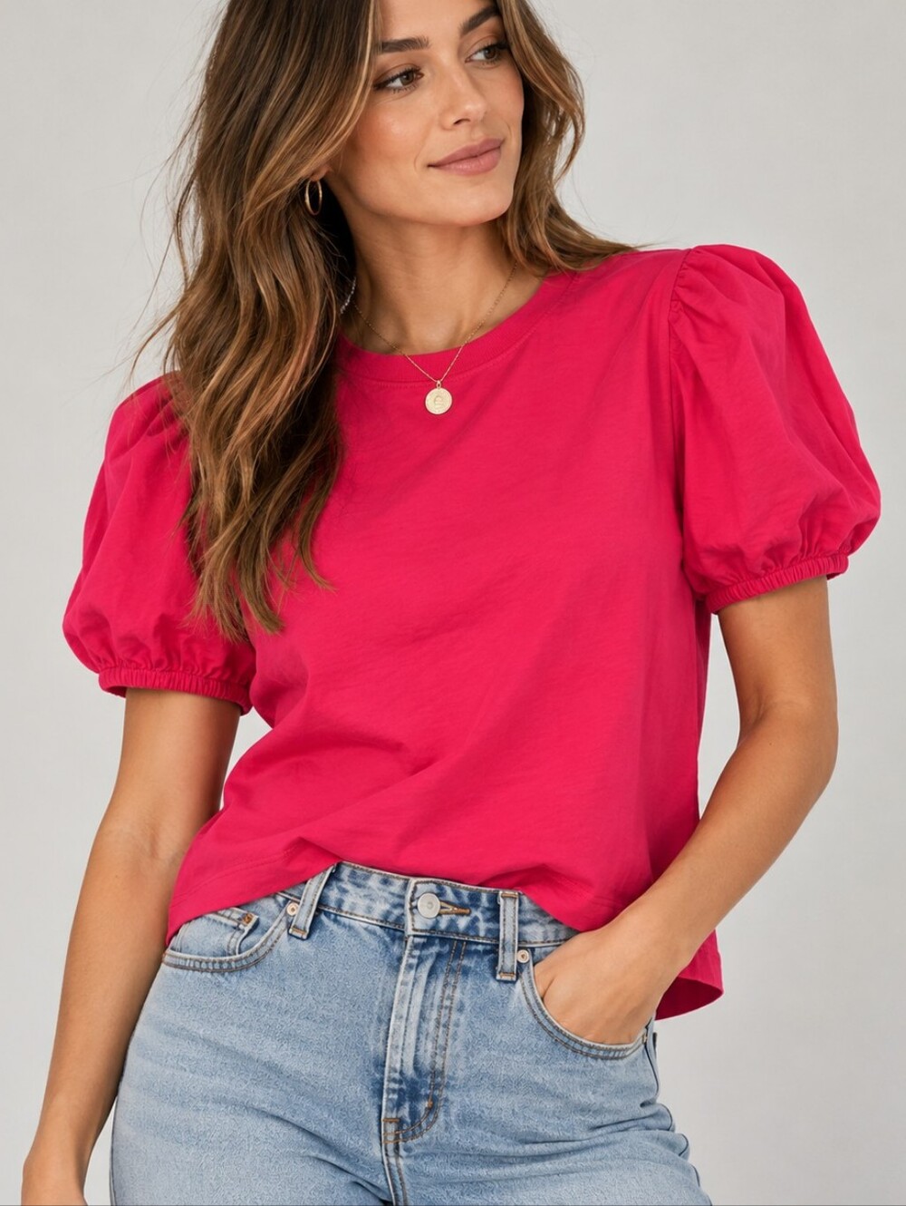 French Connection (80$) | Fuchsia Puff Sleeve Crew Neck Top, Size S